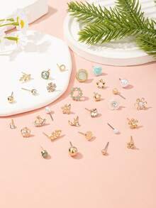 30对女士时尚耳环，精致彩色花朵和仿珍珠金属水钻耳环套装，适合日常休闲佩戴 - 彩色 - 查看 4