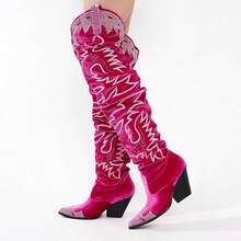 Women's Over-The-Knee Cowboy Boots, Rhinestone Embroidery, Western Style, Wide And Loose Fit, High-Top Boots, Memory Foam Insole, 3-Inch Chunky Heel - 紫紅色 - 查看 4
