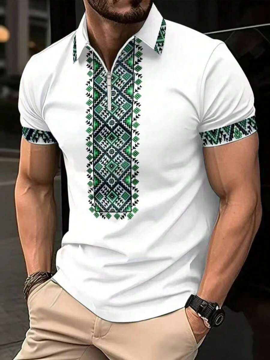 Men's Fashionable Geometric Print Short Sleeve Shirt - Comfortable Fit, Stylish And Design, Suitable For Everyday Wear - Multicolor - View 1