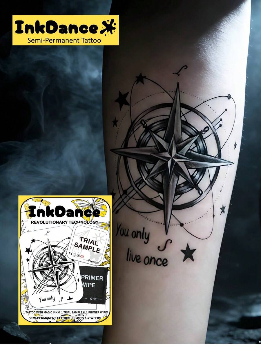 1 Kit "Compass Of Life" Technology Tattoos, Semi-Permanent Tattoos, Temporary Tattoos, Long Lasting, Fake Tattoos, Water-Resistant, Authentic Tattoo Look, Plant-Based X197 - Black - View 1