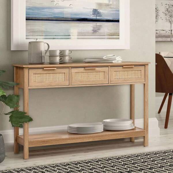 Rattan Side Table With 3 Drawer, Natural Rattan Console Table, Compact Storage Shelf Side Table For Living Room Bedroom Hallway, Lightweight Sturdy Rattan Accent Table With Drawer For Small Spaces, Modern Boho Home Decor