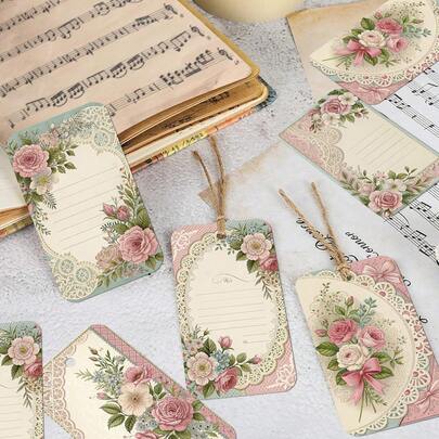 50 piezas Etiquetas de regalo con estilo de encaje vintage y flores, elegantes etiquetas colgantes de papel con cuerda de cáñamo para bolsas de regalo, envoltura de regalos y decoración de fiestas, perfectas para cumpleaños, bodas y talla grande