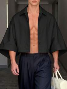 Fashion Mens Buttons 3/4 Sleeve Casual Loose Blouse Summer Holiday Party Shirt Short Tops - 黑色 - 查看 1