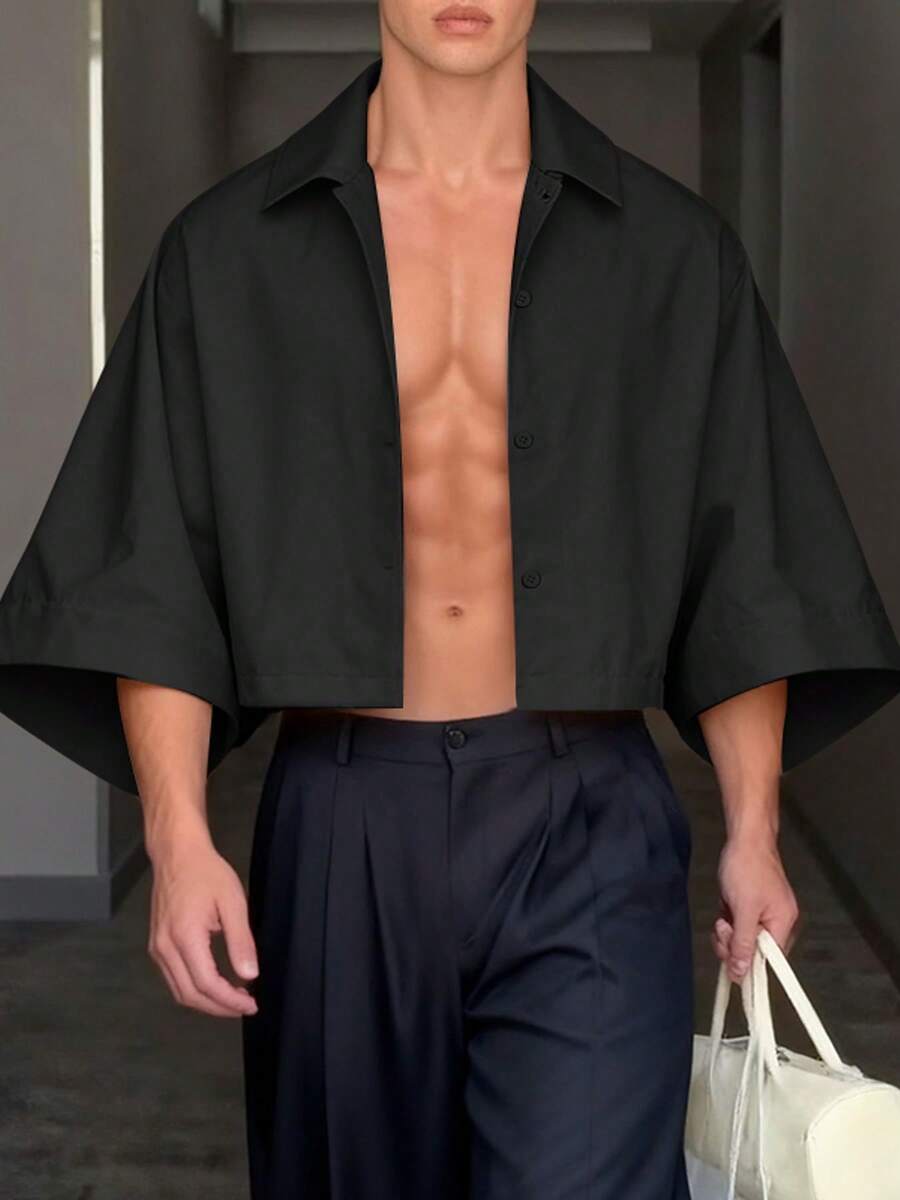 Fashion Mens Buttons 3/4 Sleeve Casual Loose Blouse Summer Holiday Party Shirt Short Tops - 黑色 - 查看 1