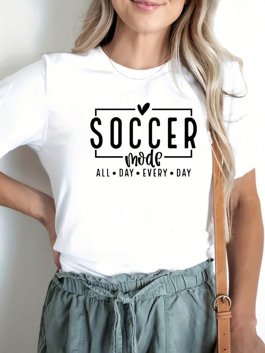 Women Casual Letter Printed T-Shirt Round Neck Short Sleeve Sports Top Summer Comfort Tee SOCCER MODE All Day Every Day Print - trắng - Xem 1
