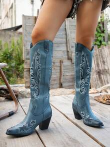 女士西部风情TPU侧拉链刺绣时尚靴，方头高跟性感过膝靴，适合度假及所有季节 - 藍色 - 查看 5