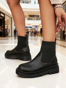 女士踝靴和短靴，松紧带厚底靴，黑色、米色、卡其色、棕色，时尚秋冬季一脚蹬靴 - 黑色 - 查看 1