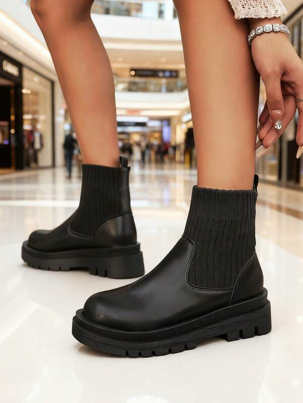 レディース アンクルブーツ とブーティー、エラスティックバンド 厚底ブーツ ブラック、ベージュ、カーキ、ブラウン、オシャレなスリッポンブーツ 秋冬用