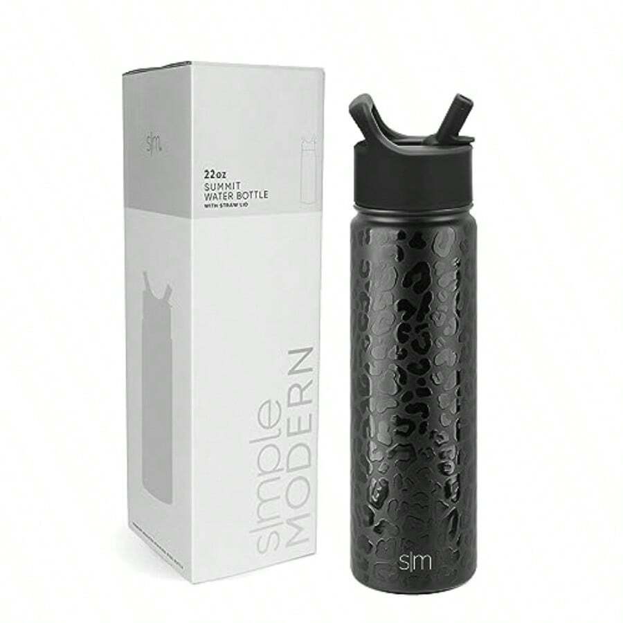 Botella de Agua con Pajita Termo de Acero Inoxidable Aislado para Desportes Gimnasio Summit Colección 650ml Black Leopard - Patrón Leopardo Negro - Ver 1