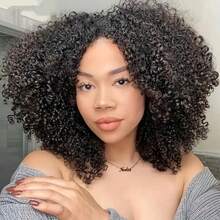 180% Density Afro Kinky Curly V-Part Lace Front Wig, Brazilian Virgin Hair, Glueless Wig, Women's Upgraded U-Part Wig, Fluffy Curly Wig, No Lace, Natural Color - Natural Black - View 2
