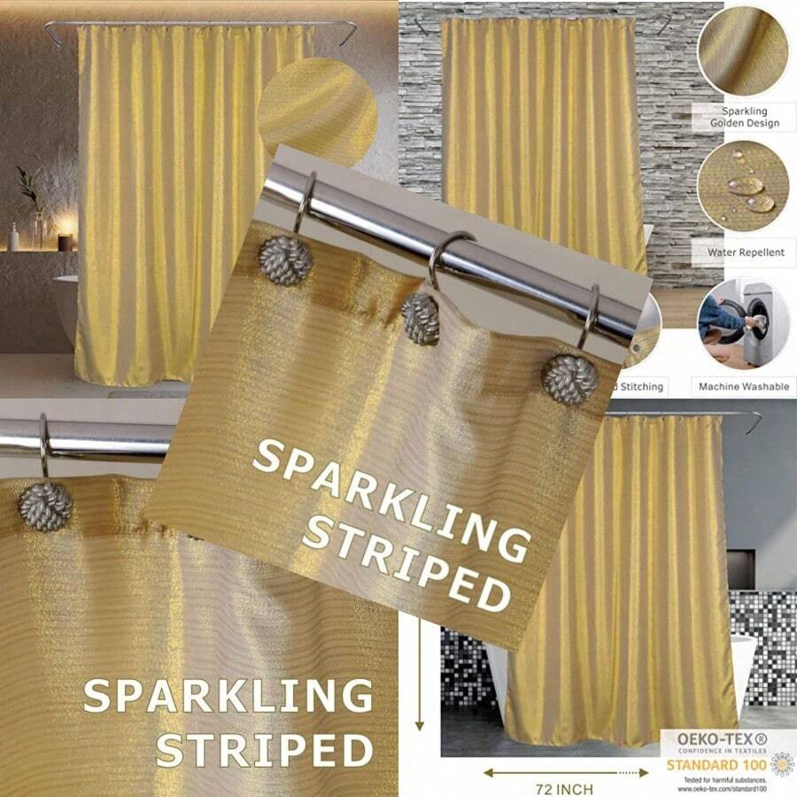 Cortinas de Ducha Doradas para baño: Cortina de Ducha Decorativa de Tela Brillante con Purpurina Impermeable Lavable Lujosa Elegante  metálica Brillante 72 x 72 Pulgadas - Dorado+182.9An x 182.9Al cm (1 Paneles) - Ver 1
