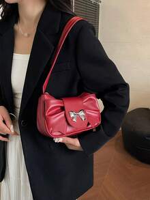 可折叠PU皮革手拿单肩包，饰有金属蝴蝶结，适合日常出行和休闲约会，可爱优雅的小包款式，新月形女士包 - 紅色 - 查看 3