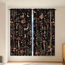 Blackout Curtains - Whimsical Mushroom & Floral Print On Black Background, Machine Washable Rod Pocket Drapes For Bedroom, Living Room, Kitchen, Balcony - Contemporary Home Decor, Natureinspired Design,  Peach Skin Curtains, Single-Sided Printed, Polyester Material, Easy To Clean And Maintain, Soft And Comfortable, Perfect For Living Room, Bedroom, Balcony, Study Room, Kitchen, Rod Pocket Curtains, Enhance The Sense Of Happiness At Home, Perfect For Christmas, Halloween, And Thanksgiving Decorations(Rod Not Included) - 款式 3(2 片) - 查看 1