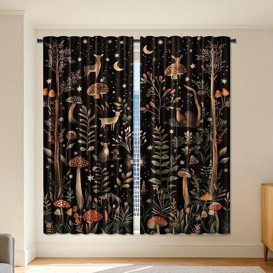 Blackout Curtains - Whimsical Mushroom & Floral Print On Black Background, Machine Washable Rod Pocket Drapes For Bedroom, Living Room, Kitchen, Balcony - Contemporary Home Decor, Natureinspired Design, Peach Skin Curtains, Single-Sided Printed, Polyester Material, Easy To Clean And Maintain, Soft And Comfortable, Perfect For Living Room, Bedroom, Balcony, Study Room, Kitchen, Rod Pocket Curtains, Enhance The Sense Of Happiness At Home, Perfect For Christmas, Halloween, And Thanksgiving Decorations(Rod Not Included) - 款式 3(2 片) - 查看 1