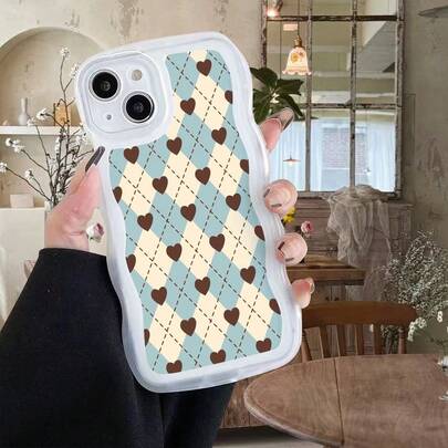 1 pieza Funda protectora de teléfono con diseño ondulado e irregular, patrón de rombos y corazones compatible con iPhone 17 Air/17 Pro/17 Pro Max/17/16e/16/15/14/13/12/11/X/XR/8/7, Galaxy A14/A15/A54/S24/S24 Ultra Series