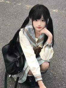 Cosplay Clothing - Bộ đồng phục thủy thủ tay dài màu trắng + nơ cổ + chân váy xếp ly màu xanh nhạt - Xem 5