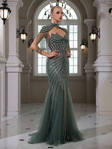Shiny Zipper Backless Elegant Tassel Beaded Embroidered Sexy Halter Tie Waist Mermaid Evening Dress, Suitable For Wedding, Banquet, Party - Green - View 5