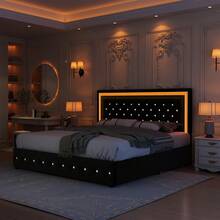 Gegoforu Queen LED Smart Bed Frame With 4 Storage Drawers Adjustable Headboard With Smart Control RGBW LED, Whisper-Quiet Design, Upholstered Bed Wood Slats Support, No Box Spring Needed, PU Leather & Velvet - Velvet Black - View 9