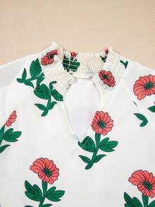 Acelitt Cămașă bej cu imprimeu floral, decolteu în V, mânecă scurtă, lejeră, de vară - Multicolor - Vizualizare 4