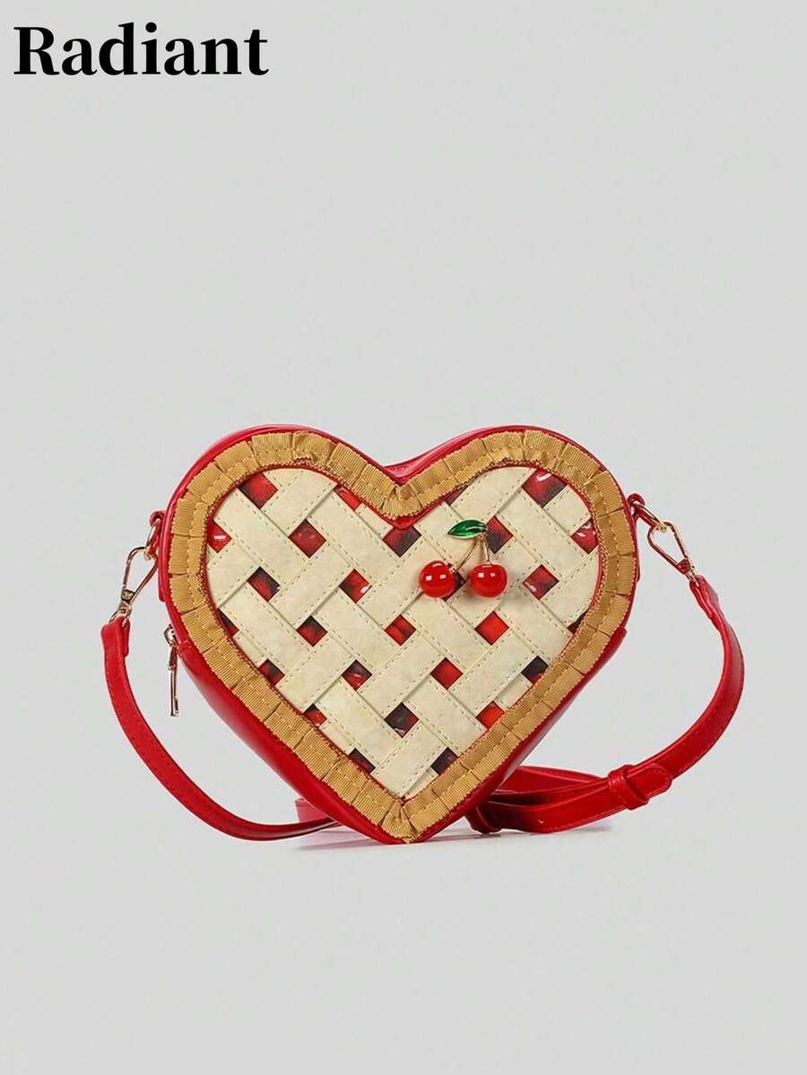 Túi đeo chéo hình trái tim ngọt ngào, túi đeo vai màu đỏ dễ thương trang trí hình quả anh đào dành cho nữ, ốp điện thoại nhỏ xinh cho các cô gái, món quà Valentine hoàn hảo dành cho bạn gái. - Đỏ - Xem 1