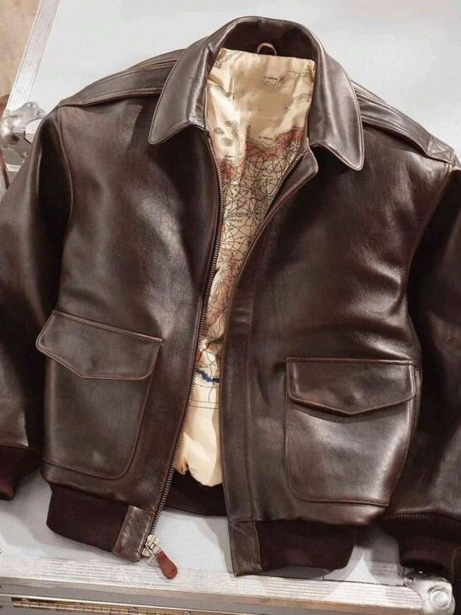 Mens Vintage Aviator Leather Jacket Oversized Faux Shearling Collar Biker Coat Unisex Streetwear - 棕色 - 查看 1