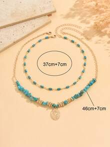 两件套独特不对称绿松石串珠项链，金合金吊坠项链，时尚女式首饰，适合日常佩戴、派对、音乐节等场合。链长可调节。