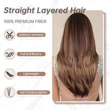 DColored Honey Brown Wigs For Women Long Straight Layered Synthetic Wigs With Bangs Heat Resistant Hair For Daily Party Use - honeybrownblonde21272 - 查看 5