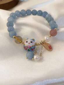 1 Piece Of Blue Crystal Ceramic Cat Pendant, Round Brand Bracelet, Cartoon Bracelet, Simple And Versatile Bracelet For Women,Pearl Lucky Cat Bracelet,Beaded Bracelets,Bracelets For Women. - Nhiều màu - Xem 6