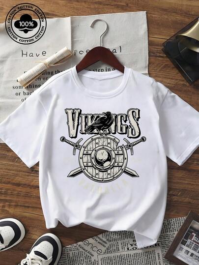 Women's Vikings Valhalla Graphic Print Short Sleeve T - Shirt Vintage Nordic Mythology Crow Sword Shield Pattern Crew Neck Black Casual Summer Streetwear Top