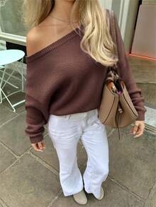 女士新款休闲纯色宽松露肩长袖毛衣，浪漫粉色，春季超大针织上衣 - 棕色 - 查看 8