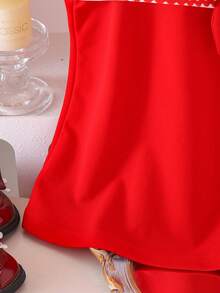 Baby Girls' Vintage Elegant Patchwork Peter Pan Collar 3D Bow Sleeveless Dress, Summer - Red - View 7