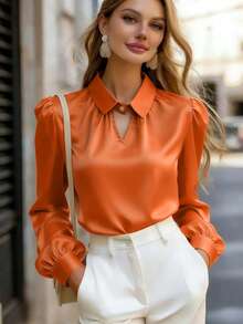 Áo sơ mi nữ thời trang bằng vải chiffon, cổ bẻ, tay dài, cài nút, dáng regular fit. - Màu Cam cháy - Xem 5