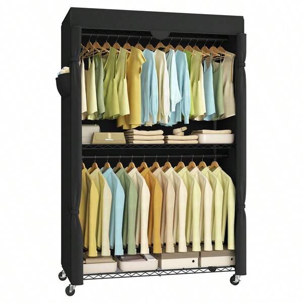 Garment Rack, HeavyDuty Rolling Clothes Rack, Portable Closet Rack, 43.3Inch Wide Clothing Rack On Wheels, With Adjustable Mesh Shelves And Hanging Rails, Fabric Cover, Ink Black ULGR415B01
