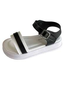 1 Pair Girls' Black & White Soft Leather Flat Sandals, Summer New Non-Slip Wear-Resistant Open Toe Minimalist Style Sandals, Suitable For Summer Outings - Black - View 10