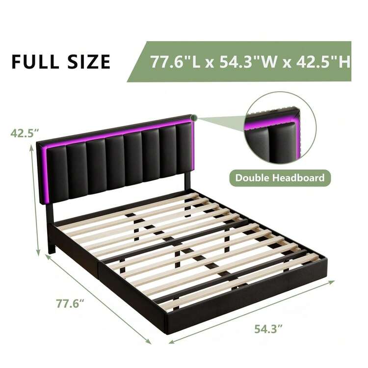 Base de cama flotante con luz LED, plataforma tapizada de cuero sintético, silenciosa, fácil de montar, tamaño matrimonial/queen/king, negro/blanco (tira LED USB) - Negro - Añade 6