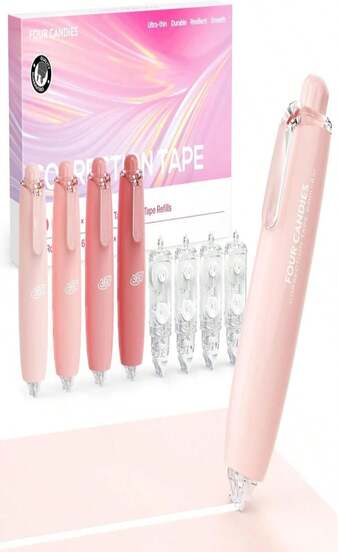 Four Candies Refillable Retractable White Correction Tape, 4PCS Smooth White Pull-Out Tape With 4 Extra Refills, Easy To Use Applicator For Instant Corrections For Office, School Supplies (Pink)