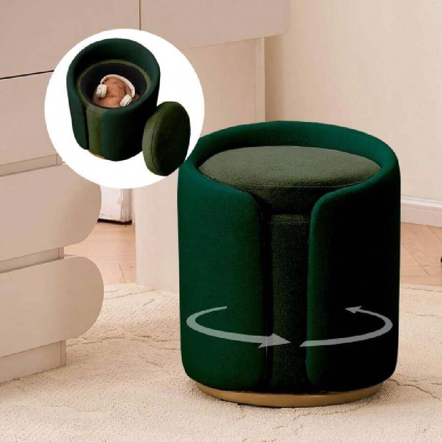 Vanity Chair With Storage, Round Velvet Vanity Stool No Wheels, Swivel Ottoman Chair With Upholstered For Women, Makeup Chair Accent Stool For Living Room, Bedroom, Gold Base, Green,38745831 - 綠色 - 查看 1