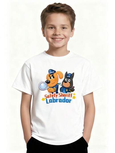 Playeras de niño, conjuntos para niña, blusas de niña, ropa de niño, ropa para niñas, camiseta y insignia de sheriff de labrador - top casual de verano de cuello redondo suave, adecuado para uso diario y actividades temáticas, diseño de sheriff labrador para las aventuras al aire libre de los niños (lavable a máquina), top de verano estilo hermano, tops separados pero coordinados para hermanos y hermanas que permiten combinar colores o temas de verano.
