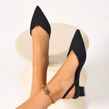 Women's Black Pointed Toe Mule Heels, Suede Slip-On High Heels - Black - View 6