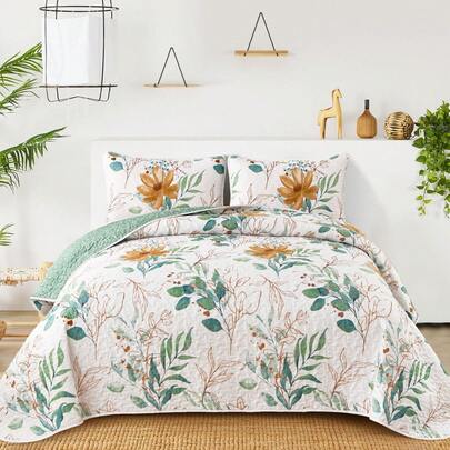 3 Pieces Floral Pattern Quilt Bedding Set King, Botanical Quilt Soft Microfiber Bed Coverlet For All Season
