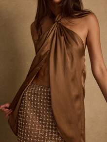 Women's Halter Tank Top Sleeveless Open Back Ruffle Slit Front Silk Satin Shirt Camisole For Party Cocktail - Dark Brown - View 3