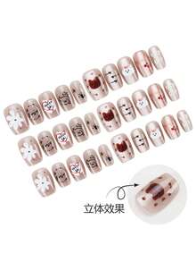 30片短方形卡通印花美甲贴纸，配有果冻胶和固定条，适合美甲装饰，可重复使用，日常美甲用品 - 彩色 - 查看 3