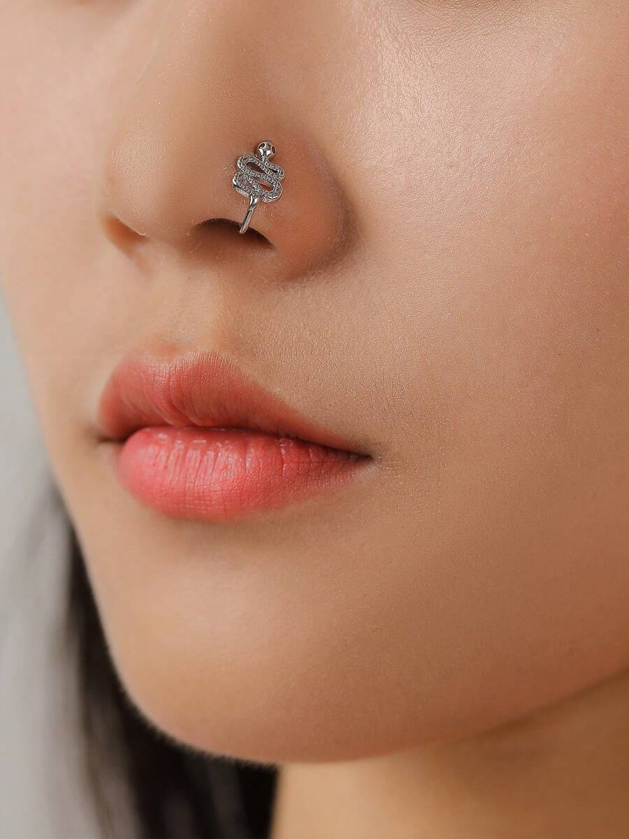 Nooxian 1个镶嵌微雕锆石的蛇形U型假鼻环 - 銀色 - 查看 1