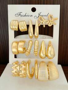 6/18pcs Stylish Gold Geometric Earring Set, Personalized Versatile Earrings Set For Women - Gold - View 7
