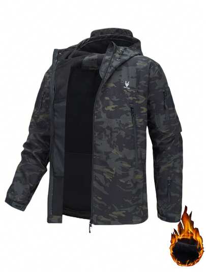 Men's Soft Shell Camouflage Hooded Waterproof Windproof Warm Jacket, Suitable For Outdoor Activities In Winter