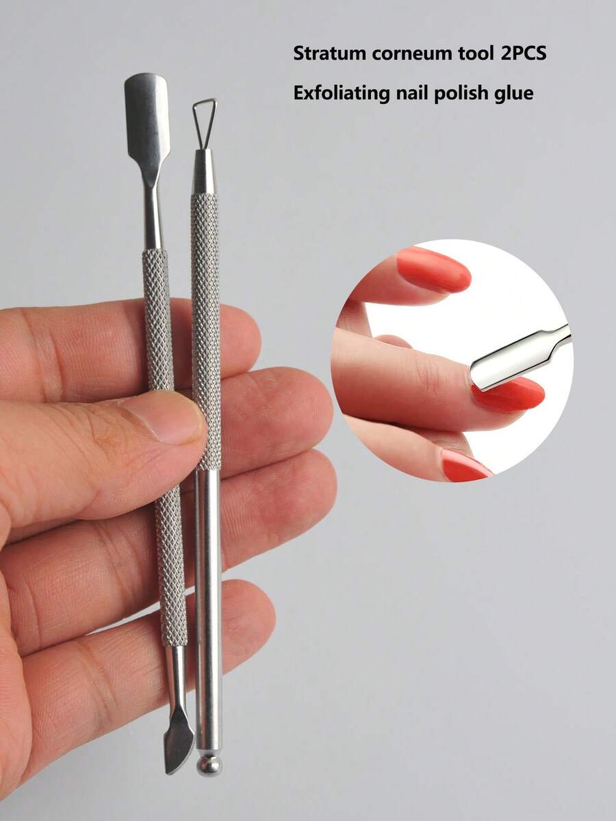 2pcs Stainless Steel Cuticle Pusher Set, Nail Polish Remover, Manicure Tools For Fingernails - Multicolor - View 1