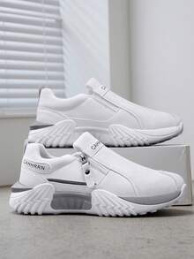 2026 New Men's Casual Sports Shoes, Thick Sole, Anti-Slip, , Low-Top, Round Toe, Side Zipper Design, Comfortable, Solid Color, Letter Print, Stitching, Soft Bottom, Lightweight, Comfortable, Casual, Daily Commute,