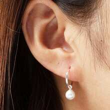 1 Pair 925 Sterling Silver Hoop Earrings With 12mm Round Pearl Pendant, Elegant Jewelry Gift For Girlfriend, Women, Daily Wear - Silver - View 3