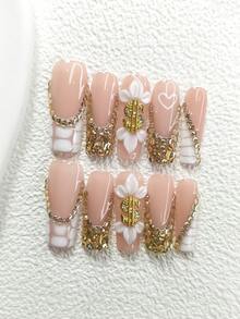 10片装优雅奢华美甲贴纸套装，亚克力美甲贴花，合金材质手工花卉装饰，闪亮香槟色水钻，尽显奢华优雅，附赠美甲工具（1张果冻贴+1把指甲锉），3种尺寸：杏仁形、鸭嘴形、棺材形，适合通勤、重要场合、派对、日常美甲等各种场合。手工按压式美甲贴片 - 彩色 - 查看 4