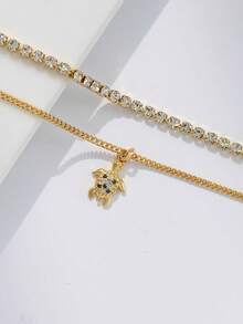 2件套女孩手链套装，波西米亚夏季海滩风，镀金多层基础链，网球锆石链，铜镶嵌蓝色锆石海龟吊坠双层叠戴手链套装，海洋动物叠戴手链首饰礼品 - 金色 - 查看 7